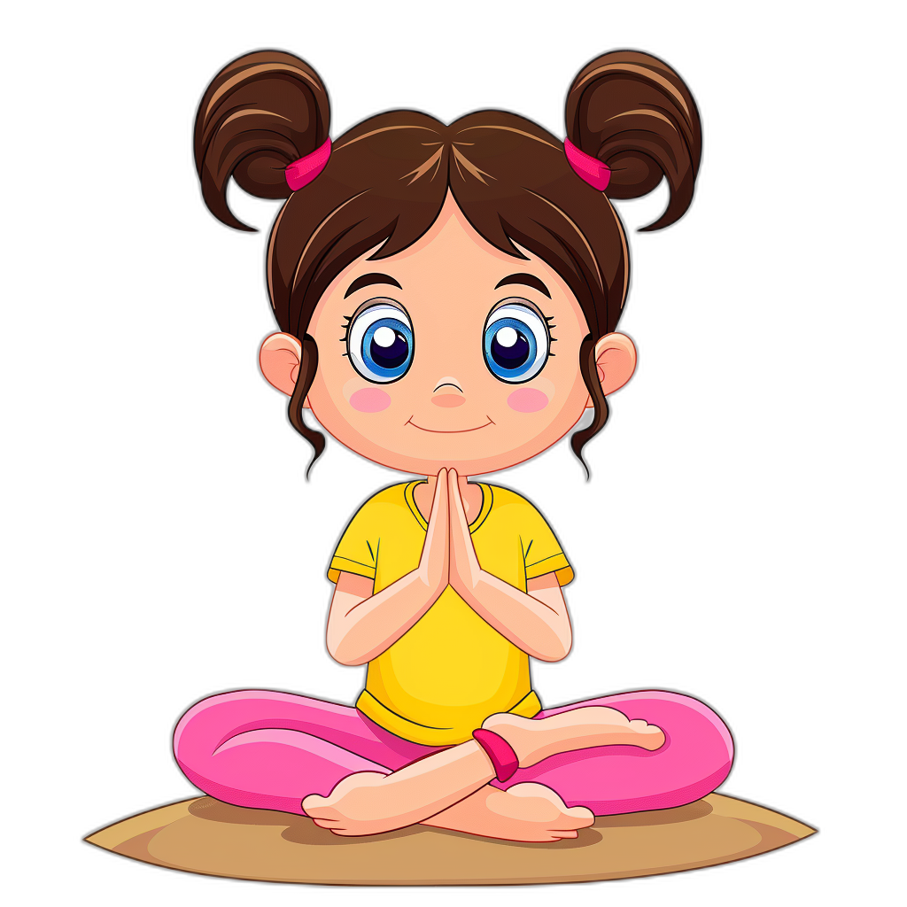 Cute cartoon girl doing yoga in the style of clip art, black background, simple illustration of a cute baby face with big eyes and pigtails hair, pink pants, yellow tshirt, hands folded in front of her chest on the knees, sitting crosslegged on a brown mat. Vector graphics, no shadows, high resolution, no text or images, no shading, simple lines, cute cartoon design with no repeated words.