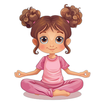 A cute little girl in pink yoga , vector illustration with black background, flat design, in the style of Disney cartoon character, simple outline and shape, chibi, 2D animation, simple coloring, big eyes, smiley face, hair in two pigtails, sitting crosslegged doing the lotus position pose, yoga pants, pink tshirt.