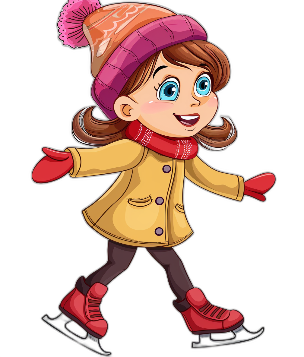 A cute girl skating in a clip art style cartoon illustration for kids with a black background, wearing a winter coat and hat with a happy facial expression, colorful.