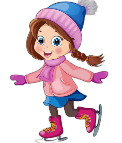 A cute cartoon girl ice skating, clip art style, simple lines, black background, pink and blue color scheme, winter , flat illustration, vector graphic, high resolution, high detail, high quality, high definition, high resolution, high sharpness, high clarity, high resolution, high resolution, high detail, high contrast, high resolution, high resolution, high detail, high resolution, high resolution, high detail, high resolution, high resolution, high resolution, high resolution, high resolution, high resolution, high resolution, high resolution, high resolution, high resolution, high resolution, high resolution, high resolution, high resolution, high resolution