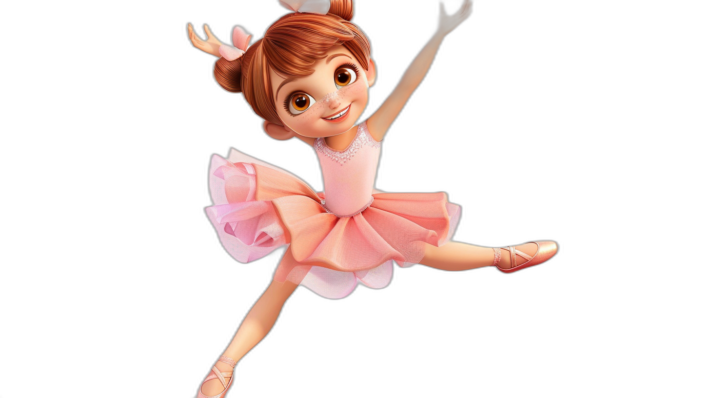 A cute little girl ballerina in a pink dress, in the style of Pixar, in the style of Disney animation, on a black background, cartoon character design sheet, 3D rendering, full body shot, cute face with big eyes and a smiling mouth, short brown hair, wearing pointe shoes, high quality, high resolution, high detail, solid black background.