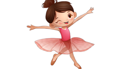 Cartoon illustration of a little girl in a pink ballet dress dancing with a happy facial expression against a black background, in a high resolution digital style. Professionally drawn in the style of a digital artist.