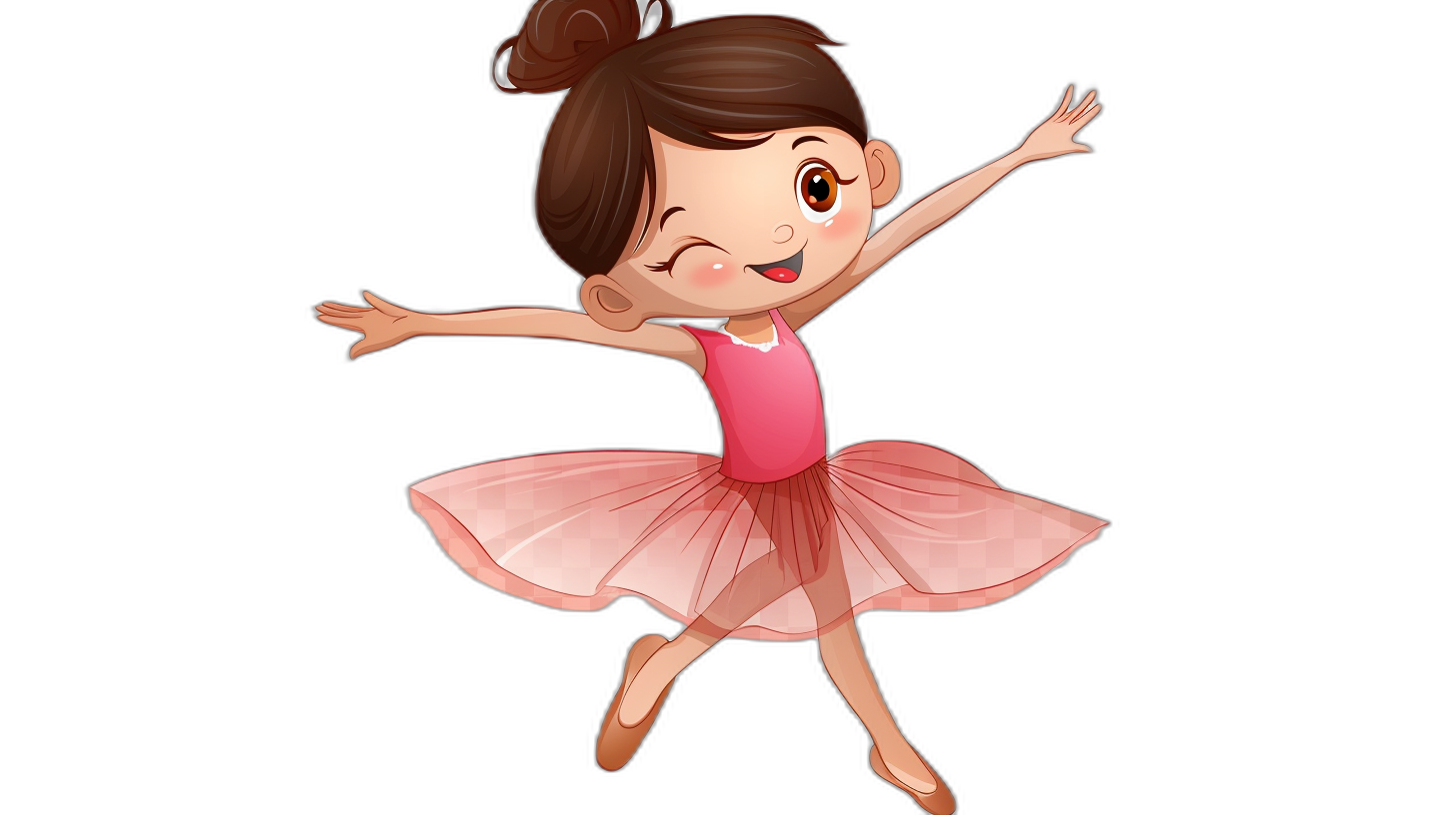 Cartoon illustration of a little girl in a pink ballet dress dancing with a happy facial expression against a black background, in a high resolution digital style. Professionally drawn in the style of a digital artist.