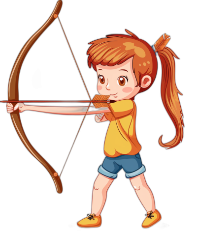 A cute little girl is shooting an arrow in a cartoon style with a simple drawing style. It is a vector illustration in the style of a children's book illustrator showing a full body portrait on a black background with flat color blocks. She has orange hair and is wearing yellow short sleeves and blue shorts with a long ponytail. She has a happy expression and is holding a bow in her hand in an archery pose.