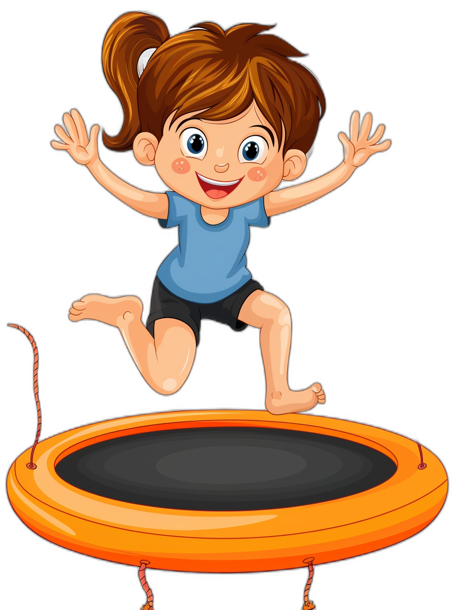 A cartoon girl jumping on a trampoline, in a vector illustration style with a black background. She has brown hair and is wearing blue short sleeves and dark shorts. The orange round frame of her bouncy bed adds to its fun atmosphere. Her cheerful expression captures an energetic moment as she takes off from it. This design can be used for various educational or playful applications, adding energy and excitement, focusing on her face.