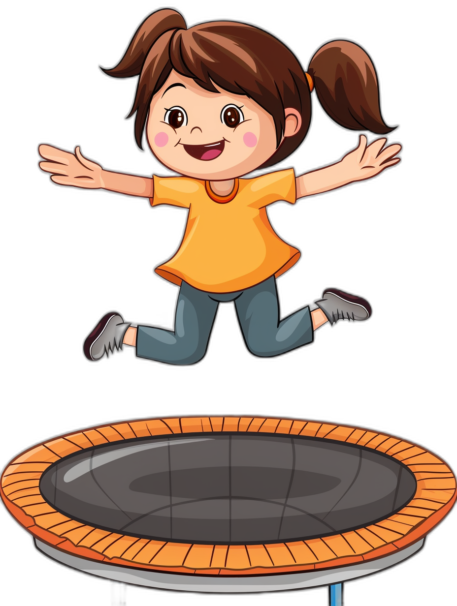 A cute happy cartoon girl jumping on the trampoline in the style of clip art with a black background.