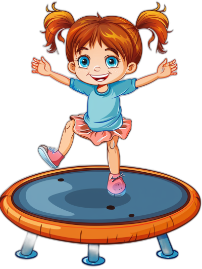 A cute cartoon of a happy girl jumping on a trampoline in the style of clip art with a black background.