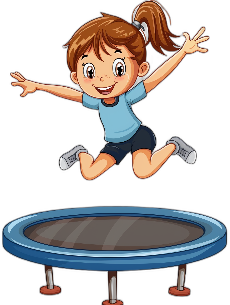 A cartoon girl jumping on the trampoline, vector illustration style with black background and white border. The character is wearing blue short sleeves and dark shorts. She has brown hair in pigtails. Her eyes have large exaggerated eyelashes, her mouth wide open to make it look happy. In front of her there is an empty trampoline that can be used for design. This picture was created using Adobe Illustrator and drawn in the style of hand, focus stacked.