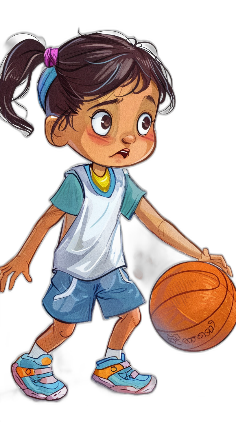 A cartoon of an Indian girl playing basketball, wearing a white and blue jersey with dark grey shorts, in the style of Pixar illustration, black background, cute, chibi, 2D game art.