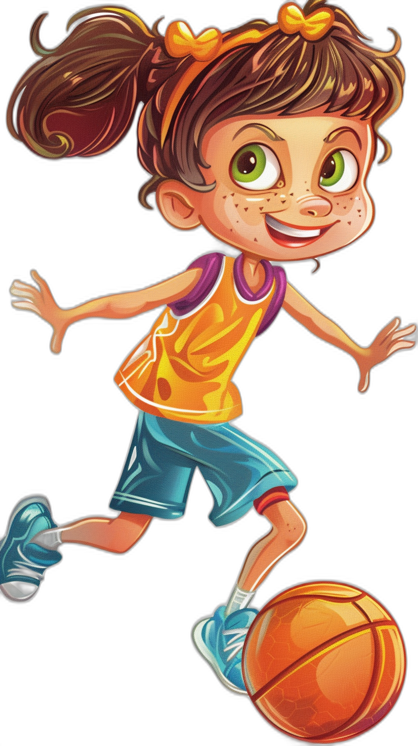 cartoon illustration of a happy girl playing basketball, wearing a colorful jersey and shorts with blue shoes, isolated on a black background, with big green eyes, smiling, with long brown hair in a ponytail, in the style of Pixar cartoon character design sheet