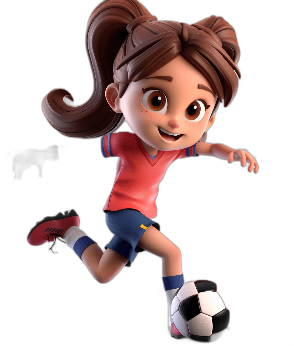 A cute girl soccer player, wearing a red and blue uniform with white shoes, brown hair in a ponytail, playing with the ball, smiling face, full body shot, in the style of Pixar’s artstyle, 3d character design, black background.