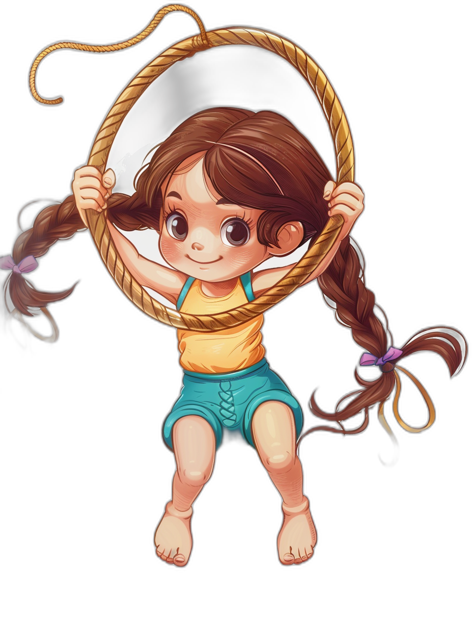 a cute little girl with brown hair in pigtails, she is swinging on the end of rope, chibi style character design, vector illustration, black background, 2d art style, digital painting, high detail, high resolution