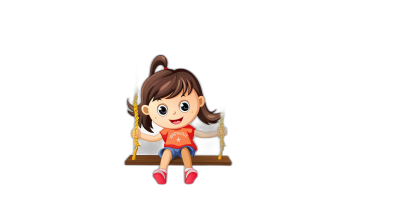 Cute cartoon girl sitting on the swing, smiling happily with a black background. The little cute doll is wearing a red T-shirt and blue shorts, holding onto golden strings while swinging from one end of an old wooden bench to another. Her hair in two pigtails adds charm to her appearance. The cartoon character design style highlights its cuteness. High resolution photography captures every detail with high quality. The artwork is in the style of a cartoon character design.