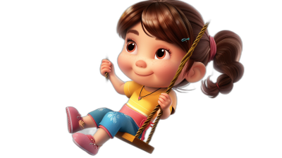 A cute little girl sitting on the swing in the style of Pixar with a simple cartoon character design on a simple black background in 3D rendering with bright colors and a lively and cheerful expression in the style of Disney animation. She has brown hair in pigtails with bangs, wearing a yellow t-shirt, blue pants and pink shoes. The rope of her wooden swing is long.