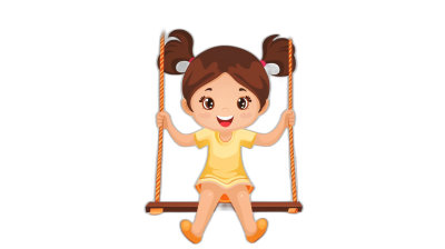 A cute little girl is sitting on the swing, smiling happily, with a black background and in a cartoon style. She has two pigtails, wearing a yellow short-sleeved shirt and orange shorts. The swing rope is attached to her hands in front of her, creating an animated effect. Vector illustration. Flat design vector graphic art, 2D, flat, with a black background, high resolution.