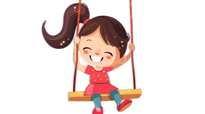 A cute little girl is sitting on the swing, smiling happily, with an adorable cartoon style and vector illustrations, simple lines, flat black background, highdefinition images, high resolution, high details, best quality,