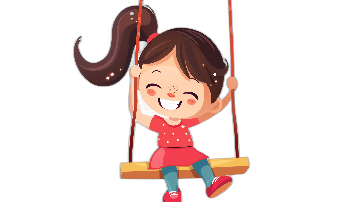 A cute little girl is sitting on the swing, smiling happily, with an adorable cartoon style and vector illustrations, simple lines, flat black background, highdefinition images, high resolution, high details, best quality,