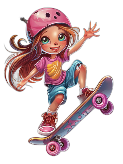 Cute cartoon girl on skateboard, pink helmet and blue shorts, vector illustration, black background, high resolution, no shadows. The illustration is in the style of no particular artist.