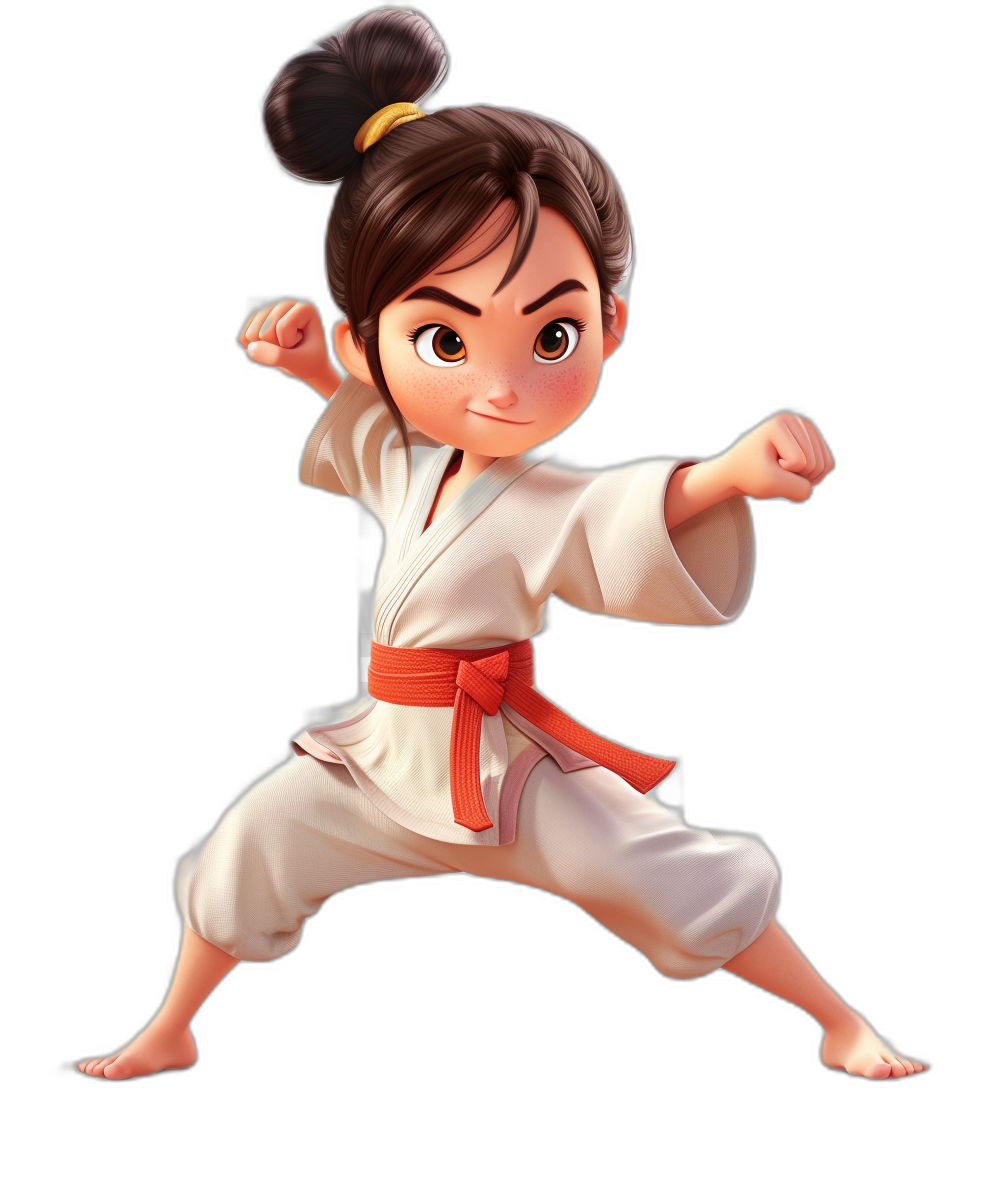 a cute girl in karate outfit doing kicking pose, black background, Disney Pixar cartoon style, full body shot