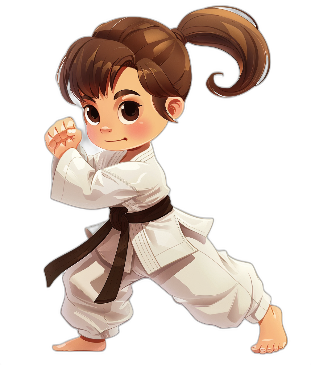 chibi girl with brown hair in pigtails doing karate, wearing a white gi and black belt, in the cute cartoon style, full body shot against a black background