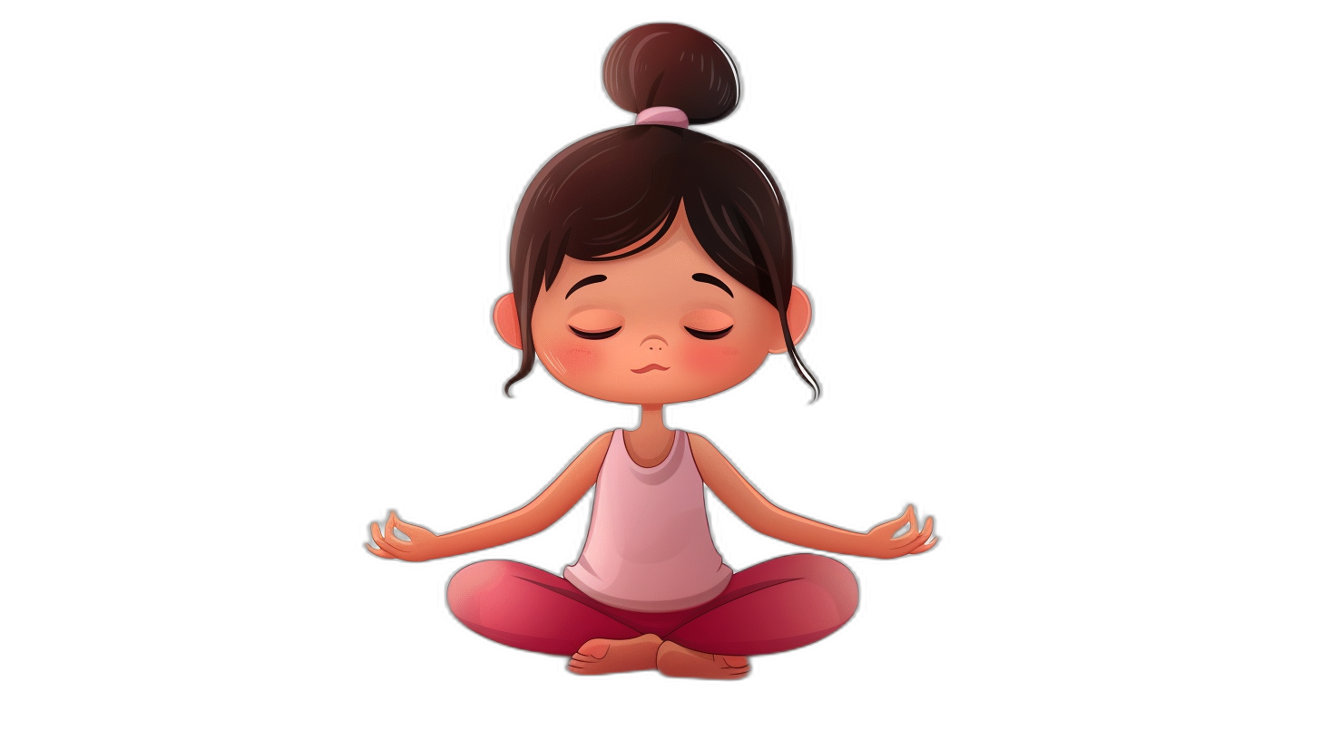 A cute little girl is meditating in a simple flat illustration style with a black background and white space around the character. It is a cute cartoon design with pink yoga pants and dark red hair in a bun on her head. Her eyes are closed and she has simple facial features. It is a full body portrait with high definition, high resolution, and high detail. The style is similar to a 3D rendering in the style of Pixar animation and is high quality.