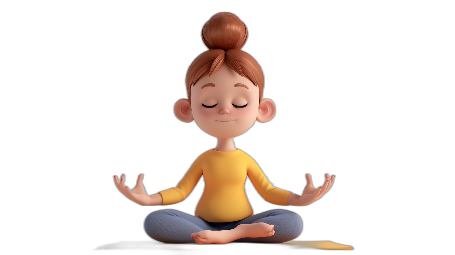 3D cartoon of a happy woman doing yoga on a black background, in the style of Pixar. High quality render of a cute, adorable little girl sitting in the lotus position with closed eyes and a smile, meditating on the floor. Simple design with solid color and transparent glass effects.