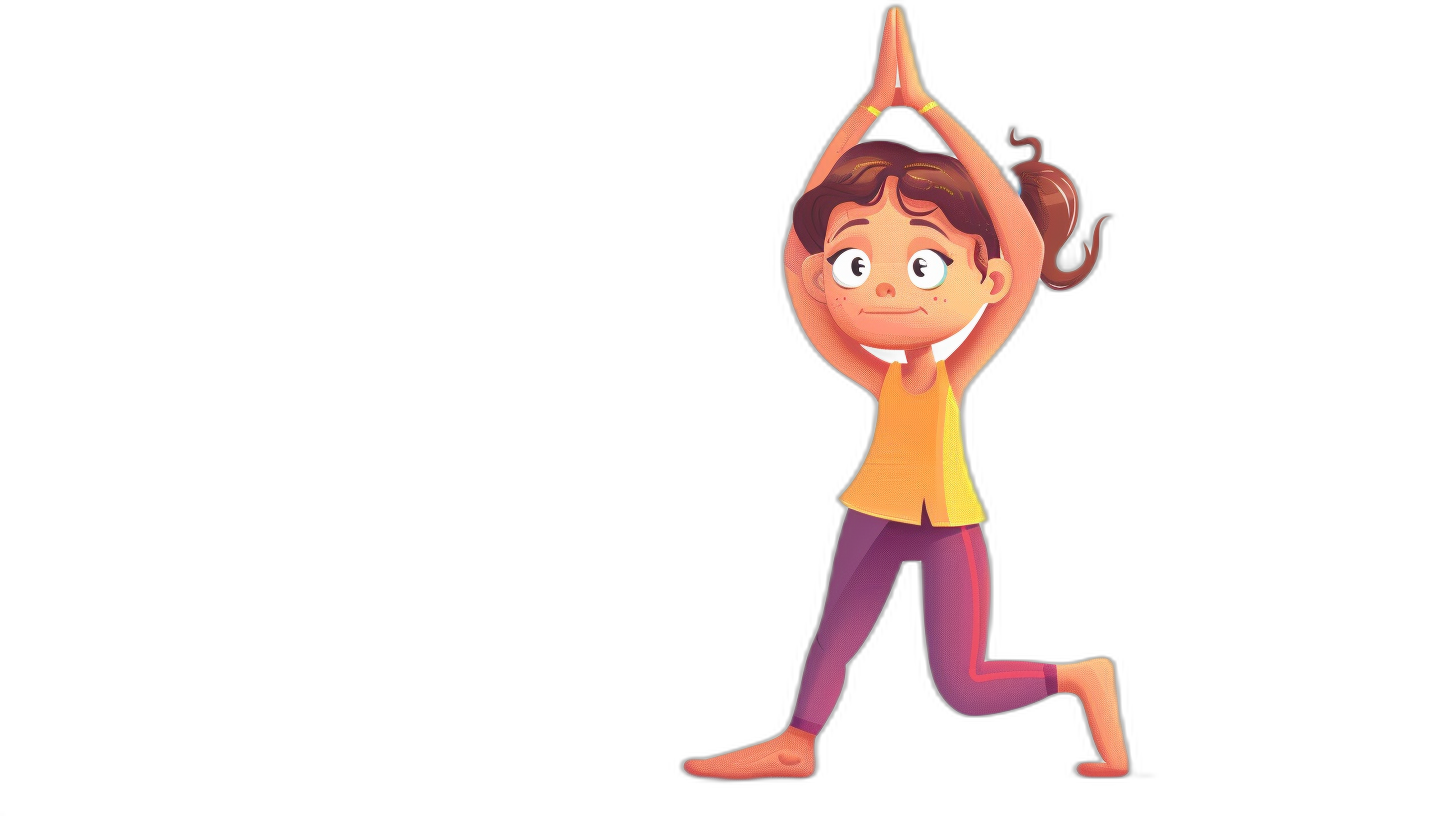 A girl doing yoga in an cartoon style illustration with a black background. She is standing on one leg and stretching her arms above her head in tree pose or vrisasana for balance. The character has brown hair and wears purple pants, an orange shirt, and white shoes. Her expression shows focus as she holds the poses perfectly without any equipment. This depiction of children’s healthy lifestyle highlights their physical activity through various styles such as yoga.