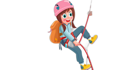 A cartoon girl in climbing gear, including a helmet and rope, hangs from the bottom of an illustration on a black background. She is dressed for adventure with blue pants, a pink jacket, white shoes, a backpack and red accents. The style reflects a fun character design and uses vector graphics in the style of the original artist.