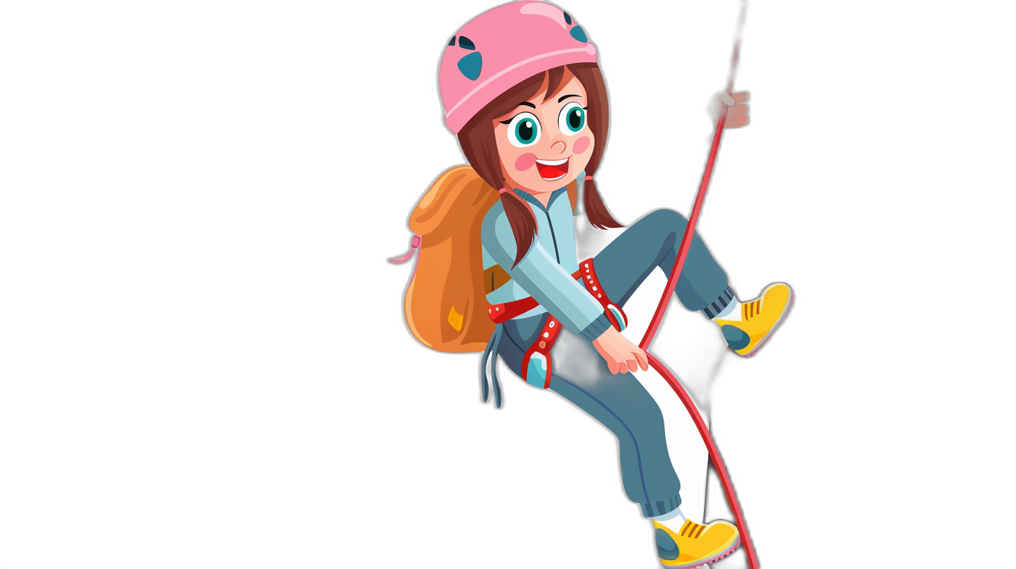 A cartoon girl in climbing gear, including a helmet and rope, hangs from the bottom of an illustration on a black background. She is dressed for adventure with blue pants, a pink jacket, white shoes, a backpack and red accents. The style reflects a fun character design and uses vector graphics in the style of the original artist.