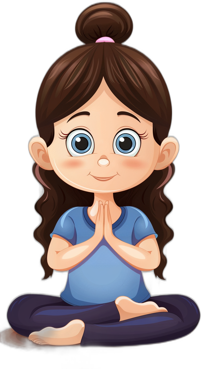 A cute little girl doing yoga, cartoon style, vector illustration, simple black background, cute baby blue color , hands folded in prayer next to her head, eyes looking at the camera, long brown hair with bangs centered on top of forehead and covering one eye, dark purple pants