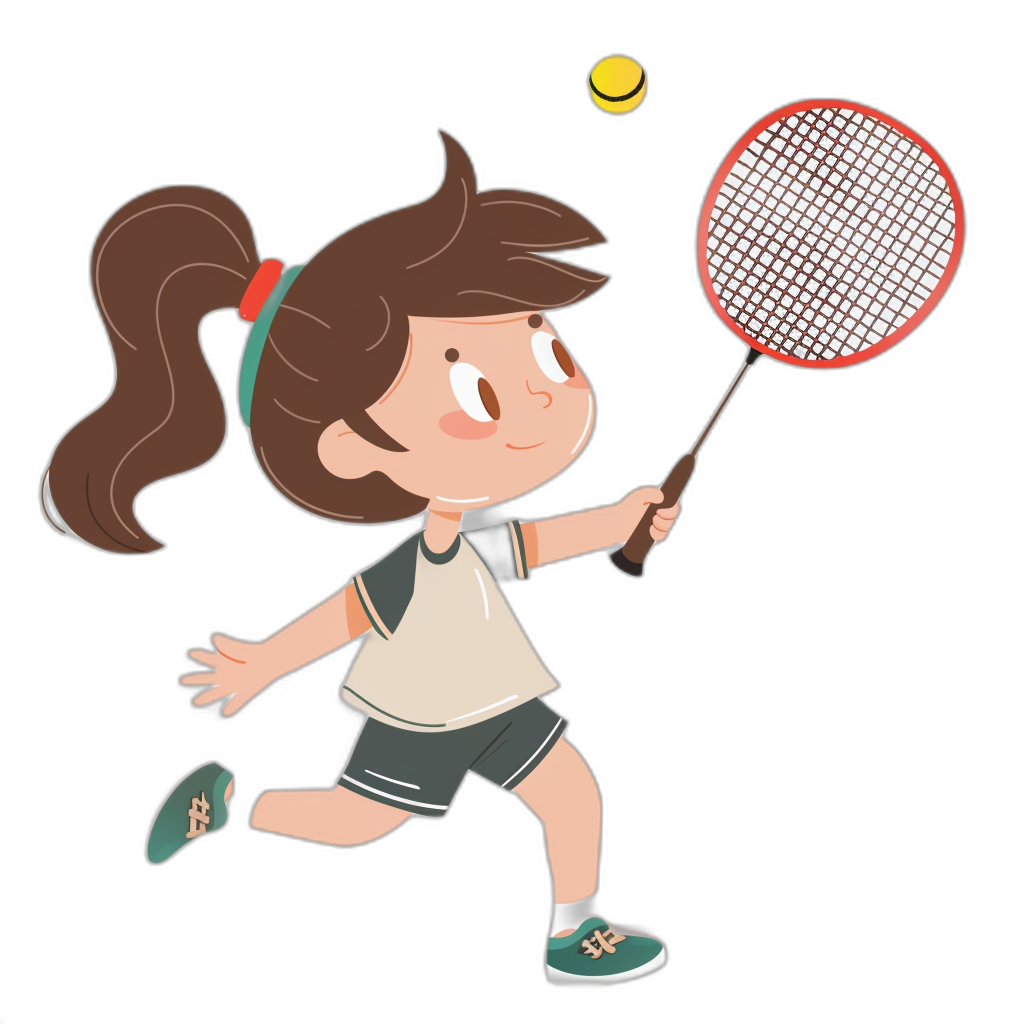 A little girl playing badminton in a flat illustration style with a simple and cute cartoon character design on a black background. The high resolution vector art features a professional tshirt design with no text in the picture and uses simple colour blocks in a high detail, high quality, high definition, high resolution, high sharpness, high focus, high contrast, high clarity style.