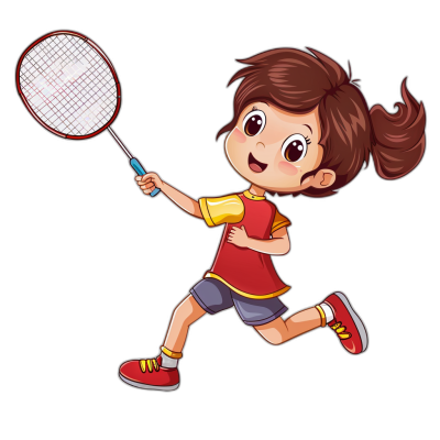 cute girl playing badminton in the style of clip art with black background