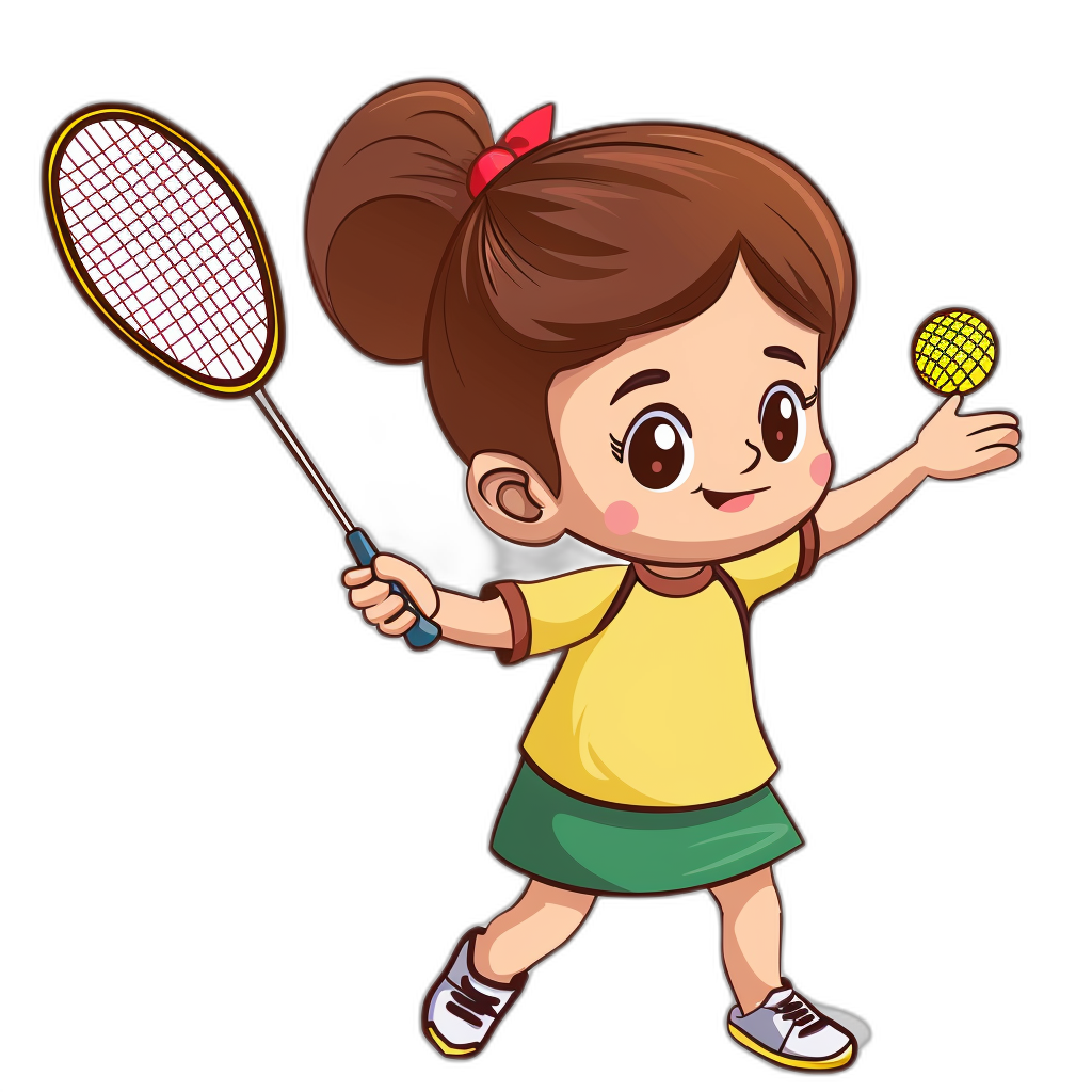 Cute little girl playing badminton in a vector illustration style with a simple stroke structure and cartoon character design against a black background. It is a full body shot from the front view, holding a racket in hand and ready to hit the ball, wearing a yellow T-shirt with a green skirt underneath and with a cheerful expression on her face. High resolution with clear details.