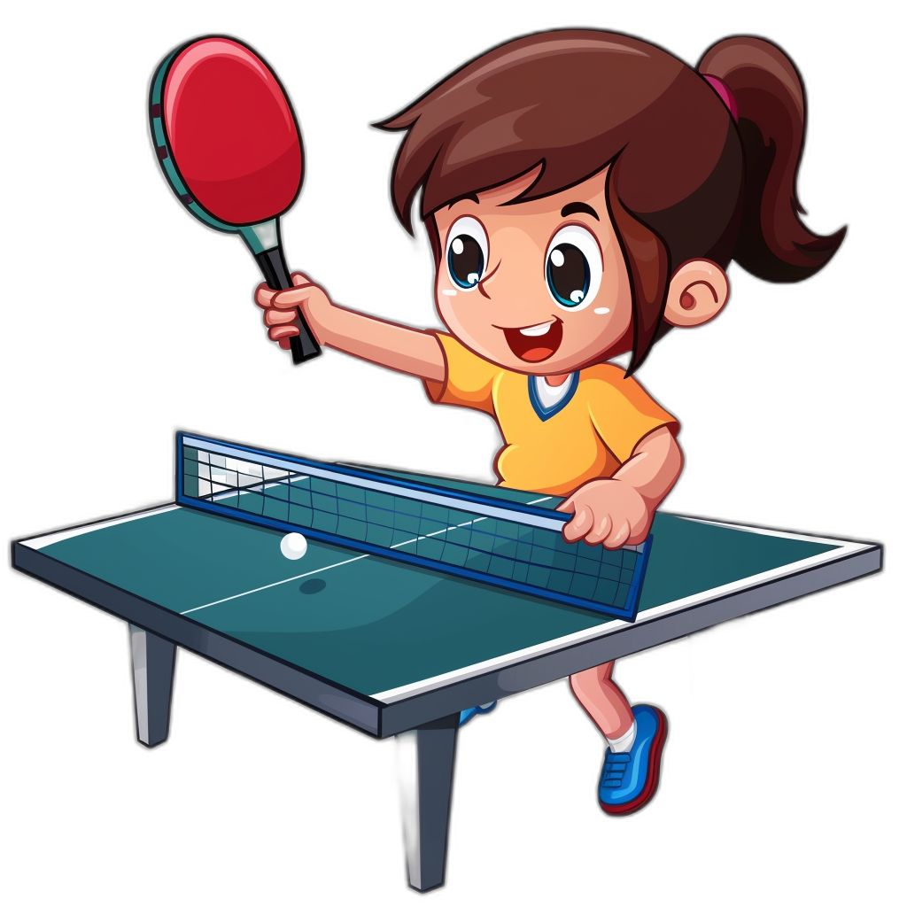 cartoon style of girl playing table tennis, vector illustration for kids book on black background, clipart