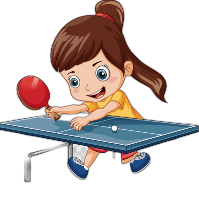 A cute girl playing table tennis in a vector illustration for kids with a black background.