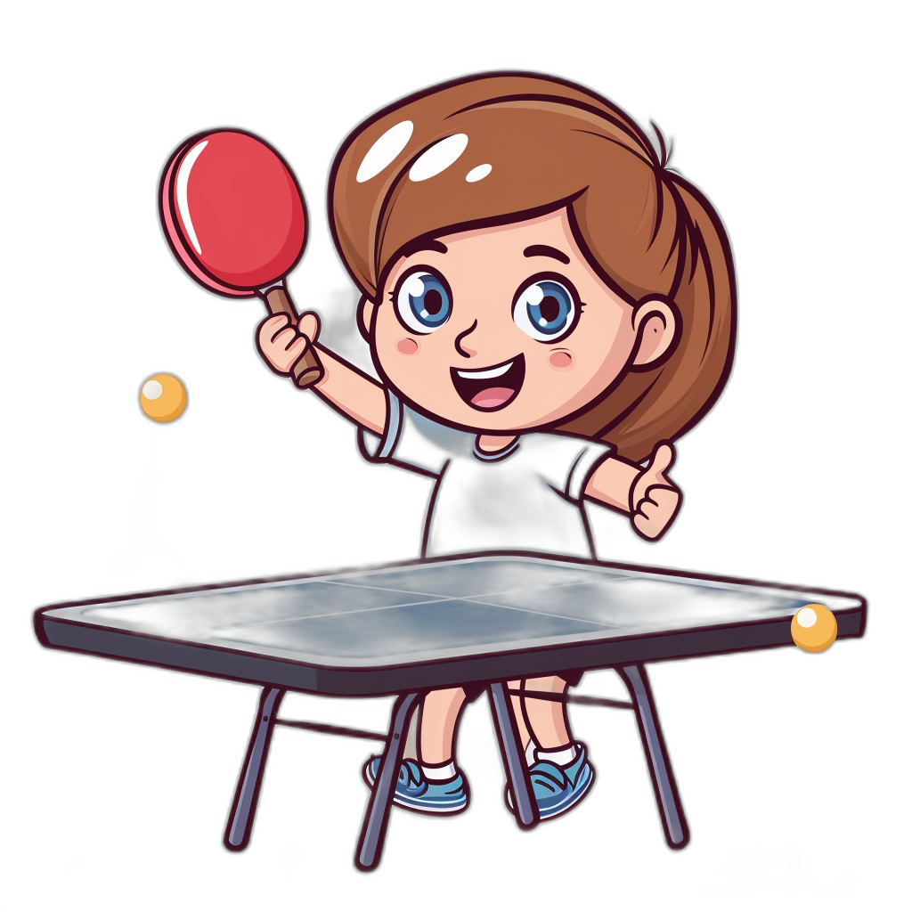 A cute cartoon girl playing table tennis in the style of clip art with a black background.