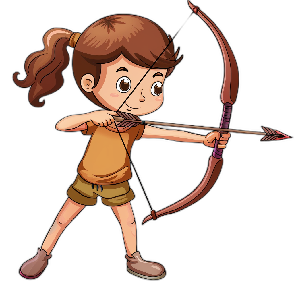 Cute cartoon girl with brown hair in a ponytail shooting a bow and arrow in the style of a simple drawing style isolated on a black background