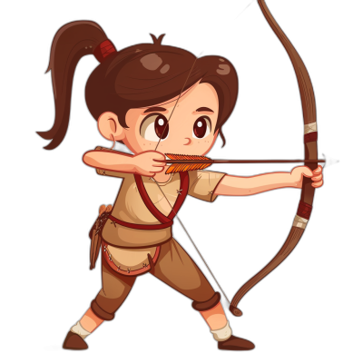 A cute cartoon avatar of an archer girl is depicted, dressed in brown attire with a dark background and bow drawn back ready to shoot arrows. Her hair is tied into two ponytails, showcasing her precise shooting skills while focusing on her face.