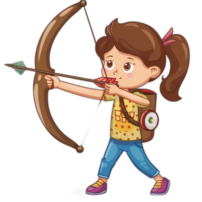 Cute cartoon girl with brown hair in a ponytail, wearing a yellow t-shirt and blue jeans holding an archery bow aiming at a target isolated on a black background. Vector illustration of a child or young woman in the style of hunting game or playing video games. Cartoon character design for a kid's poster, sticker, or print logo template.