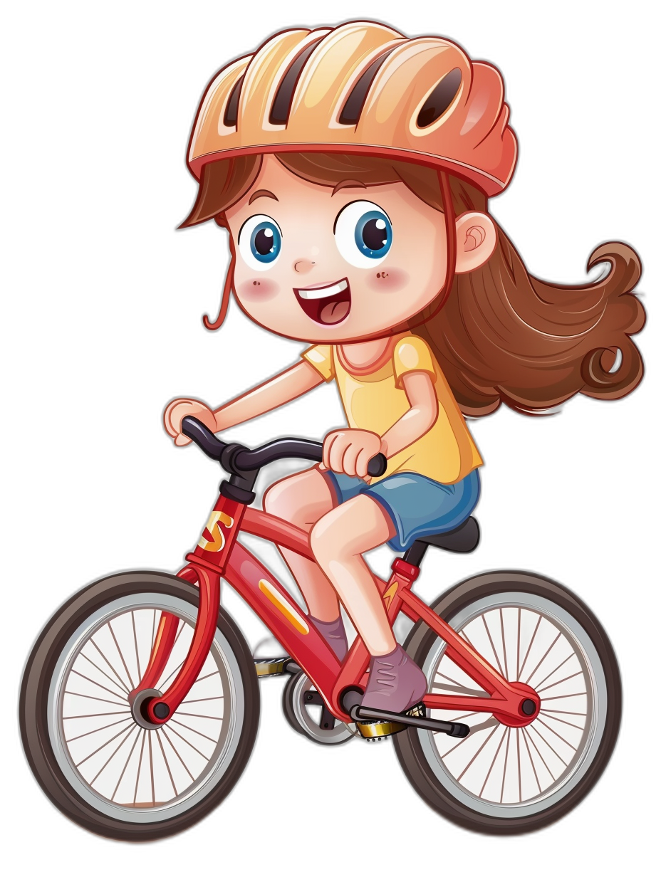 A cute little girl is riding her bike in a cartoon vector illustration on a black background, with no text or letters in the picture. She has brown hair and blue eyes, wearing a yellow t-shirt with an orange helmet, short skirt, red bicycle shoes and a smiling, happy face expression. Vector design in the style of kids book illustration. The object is isolated from all edges of the black colored background.