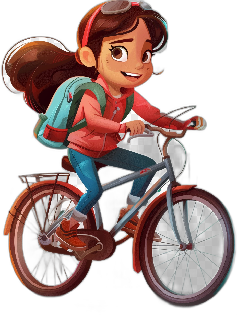 A cute girl is riding her bike, wearing a red shirt and blue pants with brown shoes. She has long hair in a ponytail style. The cartoon character design has big eyes. Wearing a backpack on the back of the bicycle against a black background. The artwork is colorful, high quality, and high resolution in the style of Pixar.