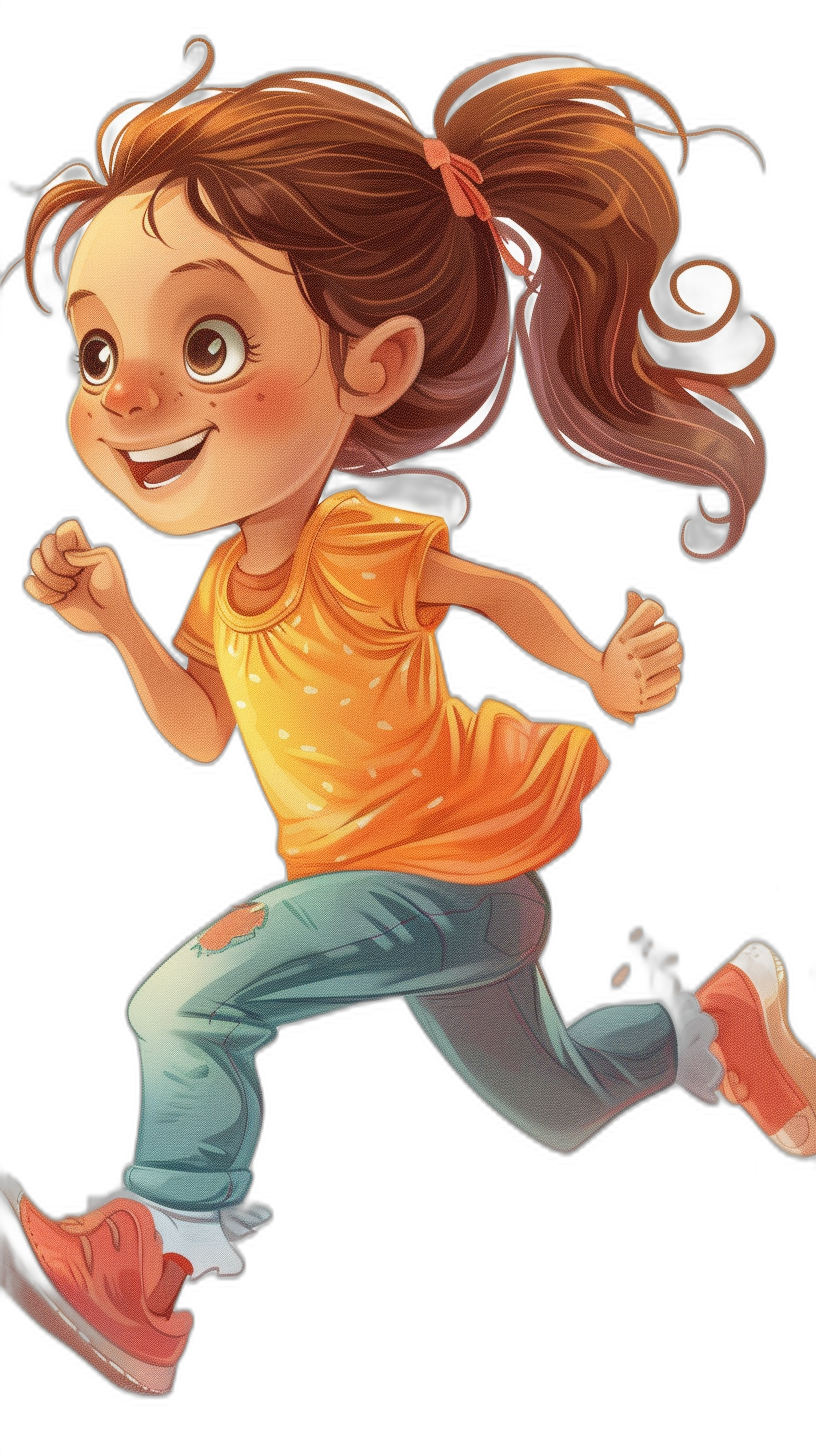 A little girl with brown hair in pigtails, wearing an orange tshirt and blue pants is running on the black background. She has big eyes, smiling face, cartoon style, Disney Pixar style, colorful drawing, full body portrait, flat illustration, 2D design, high resolution, high quality, high detail, digital art, high definition, hyperrealistic, sharp focus, cinematic lighting, octane rendering, super detailed