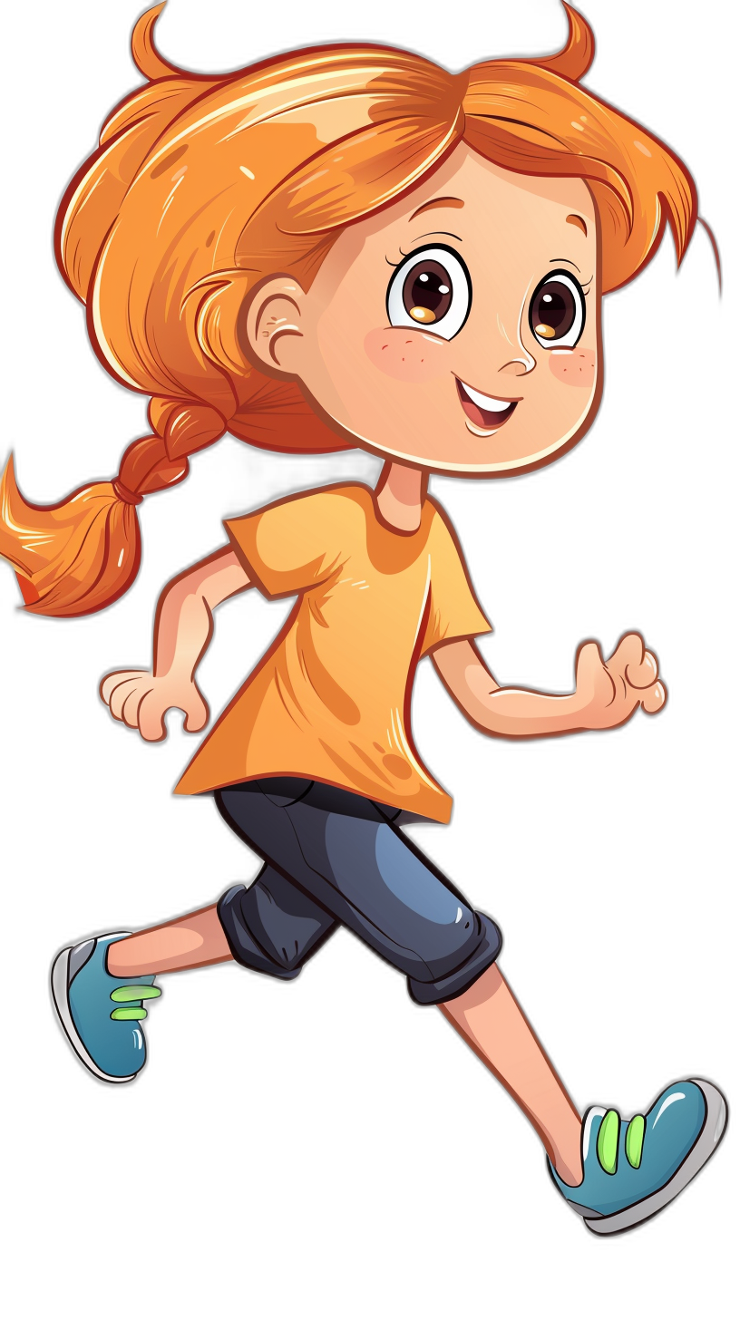 A cute cartoon girl is running, wearing an orange t-shirt and black pants with blue shoes on her feet. She has long red hair in pigtails, big eyes, bright smile, white teeth, in the style of a flat illustration with simple strokes against a black background. The full body portrait is presented in high definition and high resolution.