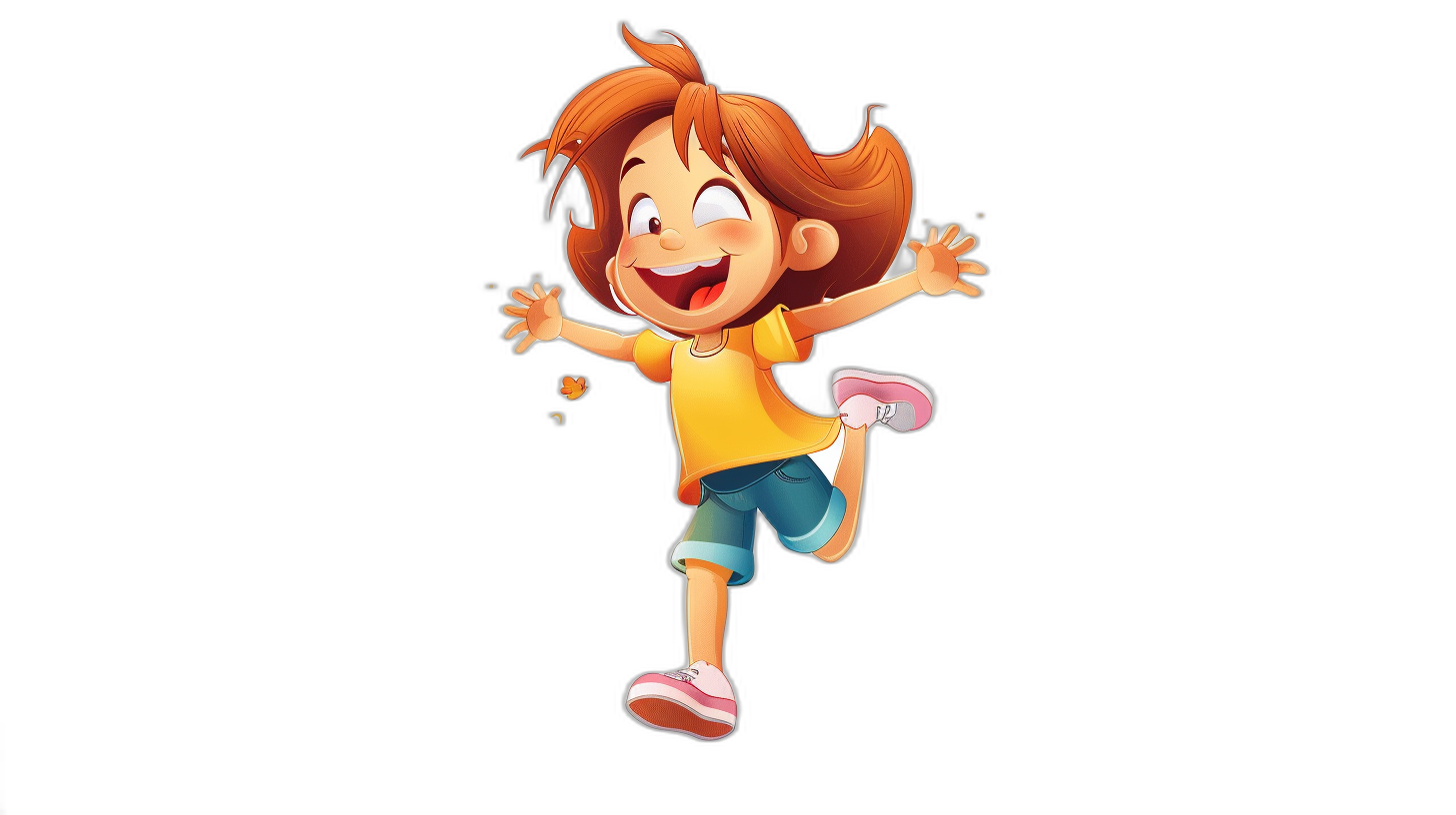 A cute cartoon girl jumping and smiling against a black background in a high quality, high resolution style similar to Pixar.