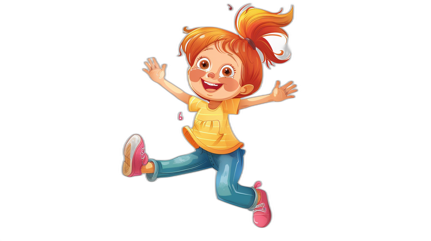 A cute little girl is jumping up and down with a happy expression in the style of Pixar animation. She is depicted in a full body shot with a solid color background. Her attire includes black shoes, blue jeans, a yellow T-shirt, pink socks, and red hair in a ponytail. The artwork is in a cartoon style and high definition.