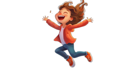 A cute girl is jumping up and laughing, with her hands raised in the air. She wears an orange jacket over white tshirt and blue jeans. Her hair was long brown and curly. The background of black background, cartoon style. Pixar Style