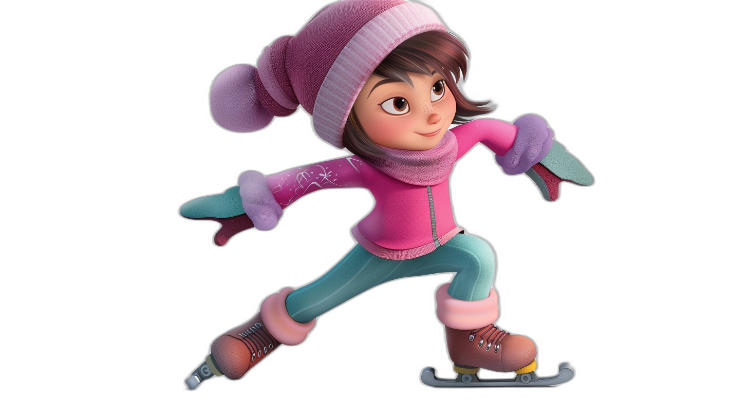 A cute girl in pink and teal ice skating in the style of Disney Pixar, black background, 3D rendering cartoon character design, high resolution high quality high detail, cinematic lighting, wide angle lens, professional photography, high definition superresolution, depth of field.