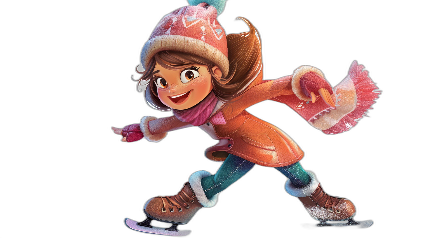 A cute girl ice skating, wearing winter  and gloves, in the style of Pixar, a Disney cartoon character, on a black background, a full body shot, high definition, high resolution, colorful, animated characters, an animated illustration, cartoon characters, cartoon illustrations, cute expressions, full of joy, a pink hat with white scarf, brown hair in a ponytail.