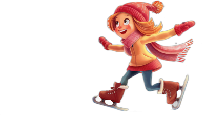 Cute girl ice skating in the style of Pixar animation, cartoon style, black background, 2D illustration, simple design, wearing a red scarf and hat, smiling face, happy expression, full body shot shown from the side, full of energy, wearing skates on her feet, colorful  in bright colors, high resolution, high quality.