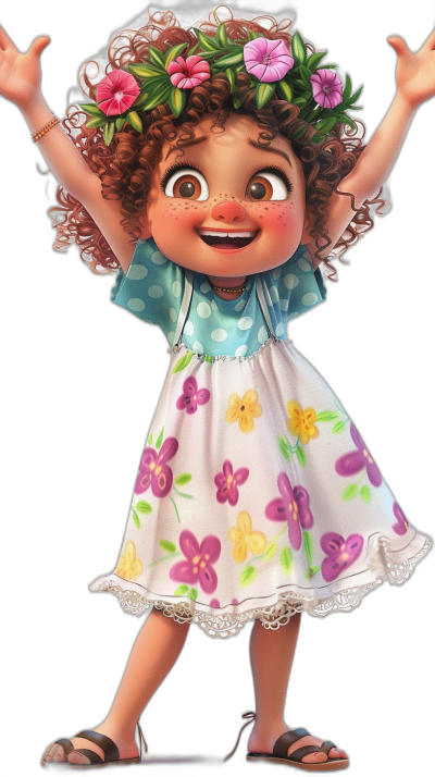 A cute little girl with curly brown hair, wearing a white and purple flower pattern dress, blue polka dot top and sandals is smiling while holding her hands up in the air, she has big eyes, full body shot, wearing a colorful floral headband on her forehead, in the style of Pixar cartoon character, full color, black background, high resolution digital art in the style of Disney Pixar studio.